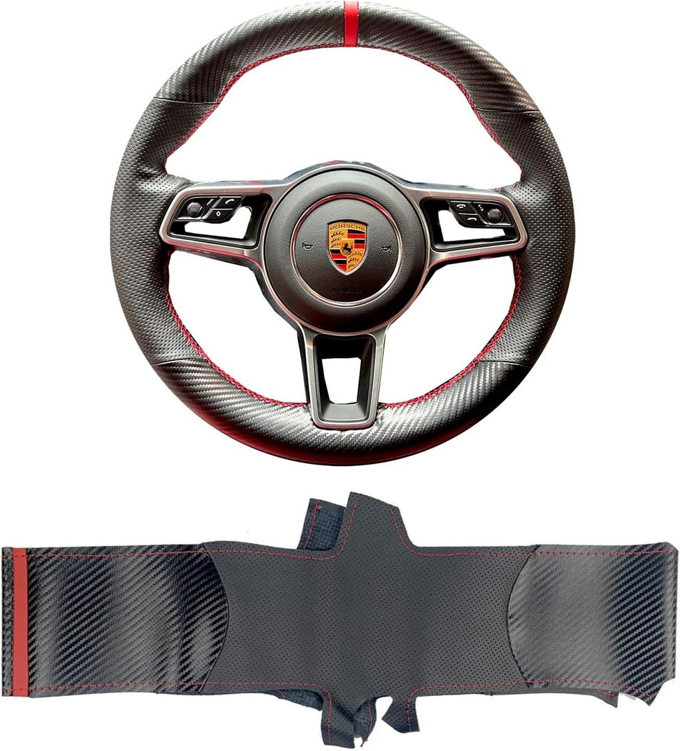 Hand-Stitched Matte Carbon Fiber Steering Wheel Wrap for Porsche 911 Macan Cayenne 982 Boxster Caymann 2014-2019/971 Panamera 2017-2019/ALL 991 Interior Steering Wheel Protection Skin Cover