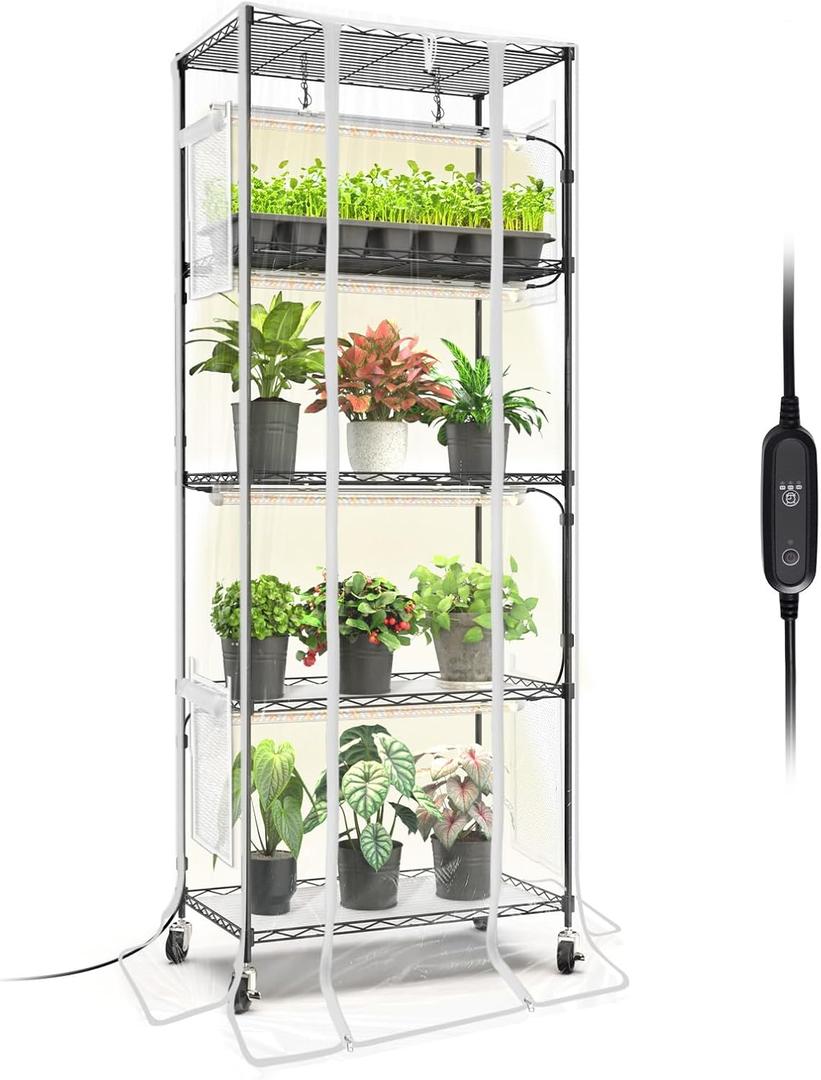 Bstrip Indoor Greenhouse with Grow Light, 5 Tier 23.5"x13.8"x59" Mini Greenhouse with 4 Pack 24W Full Spectrum Plant Lights & Timer, Plant Shelf with Cover for Indoor Plant, Seed Starting, Seed Tray