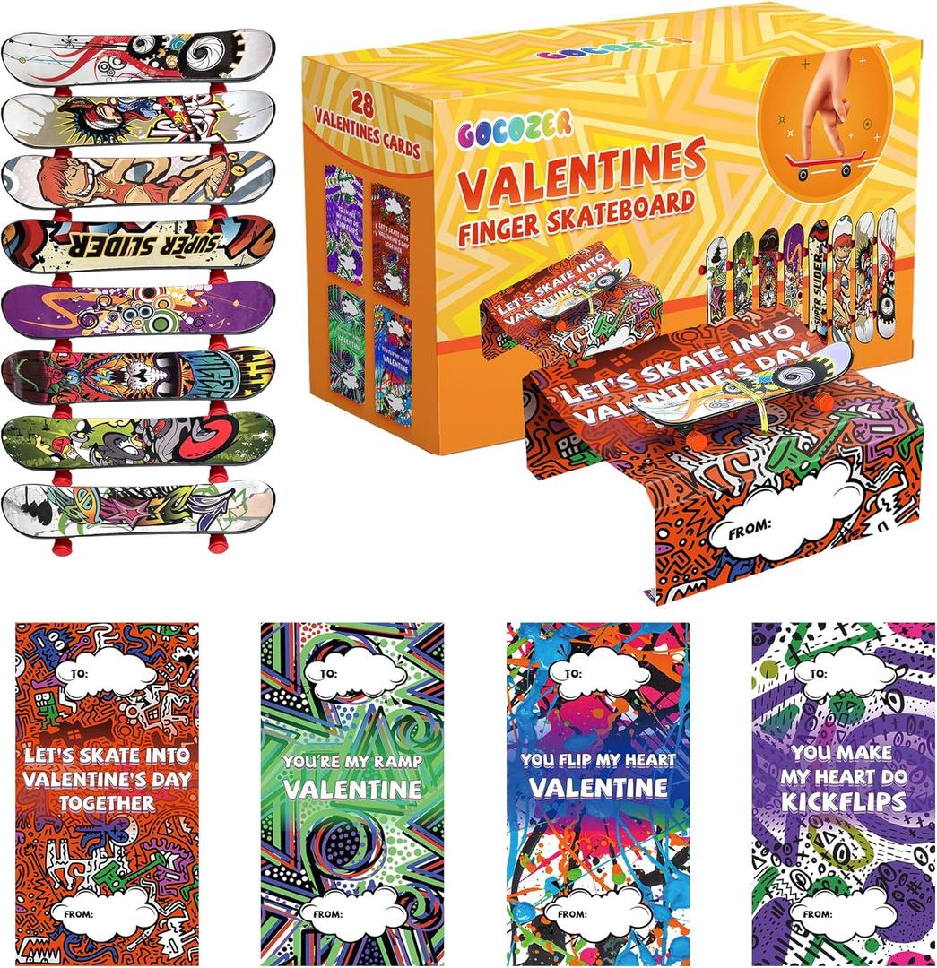 Valentines Day Gifts for Kids - 28 Pack Finger Skateboards with Valentines Greeting Cards for Kids Classroom, Kid Valentines Exchange Gifts Ideas Preschool Valentine Gifts Favors