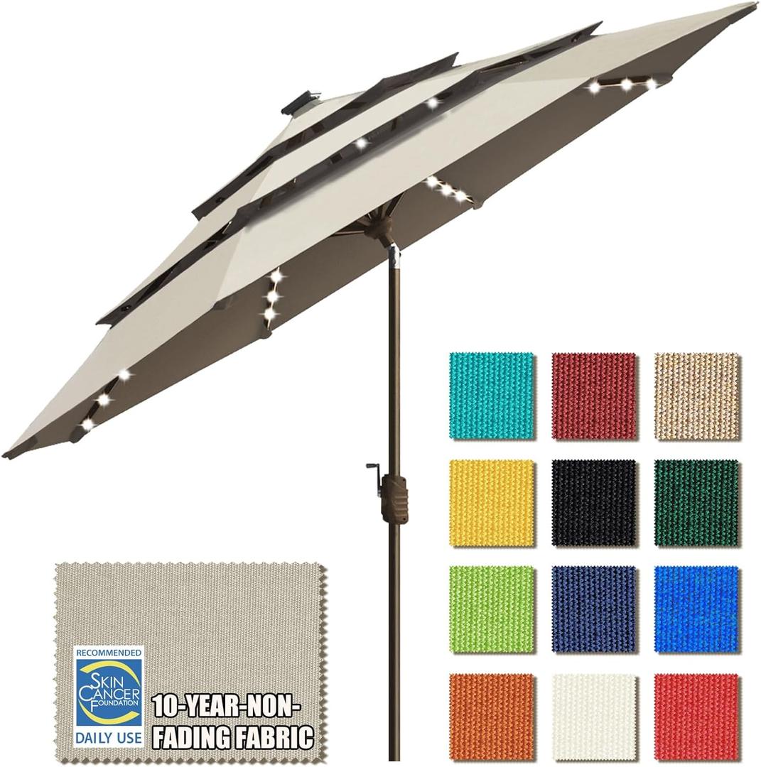 EliteShade USA 10-Year-Non-Fading 9ft 3-Tier Market Patio Umbrella, Commercial Table Umbrella with 80 Solar LED Lights, Crank Open, Windproof & UPF 50+ UV Protection for Garden, Deck, Pool, Backyard, Antique Beige
