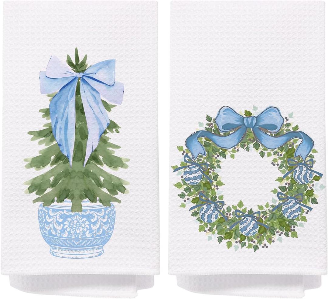 Chinoiserie Christmas Kitchen Towels, Blue Bow Coquette Christmas Tree Dish Towels for Kitchen Bathroom,Light Blue Christmas Hand Towels for Bathroom, Grandmillennial Decor,16x24 Inches Set of 2
