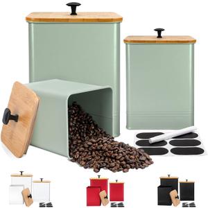 Kitchen Canisters Set of 3, Metal Flour Sugar Storage Containers with Airtight Lids-Canisters Sets for Kitchen with Customizable Chalkboard Labels & Marker Pen-Spice, Coffee Storage Jars(Saga Green)