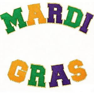 9 Pcs Carnival Iron on Patches,Purple Chenille Letter Patches,Self-Adhesive Embroidered Sewn on Patch with Gold Glitters Border,Iron on Patch for Carnival Clothing Bags Shirts Hat Backpack Jacket