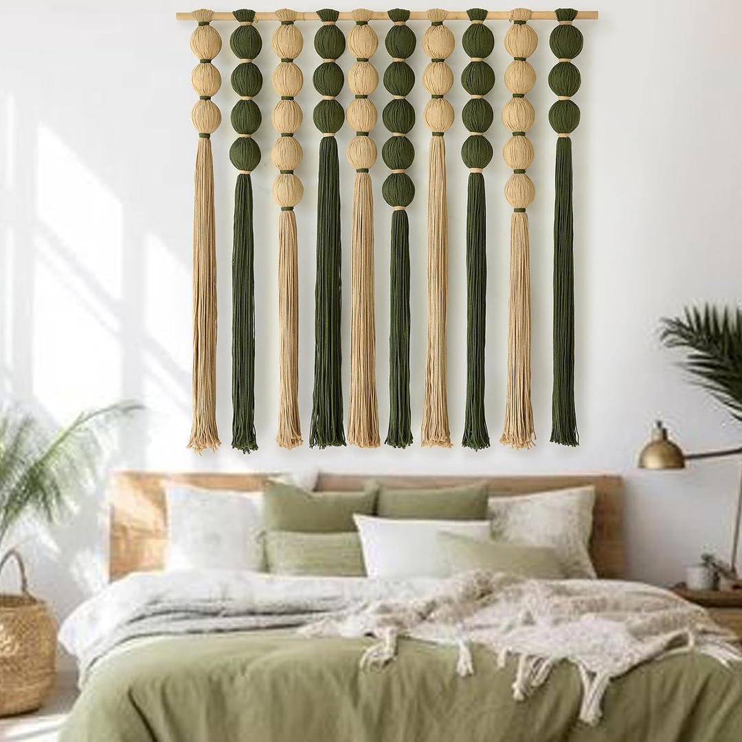 Macrame Wall Hanging Large Boho Wall Decor Natural Green Jute Sphericity Cotton Textile Wall Hanging Geometric Art Fiber Yarn Art Handmade For Living Room Bed Room Apartment Wedding Party 39" Wx39" L