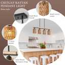 Farmhouse Linear Ratten Chandelier, Black Finish Wood Pendant Light Fixtures Over Table, Adjustable Height Kitchen Island Light Dining Room 4-Light