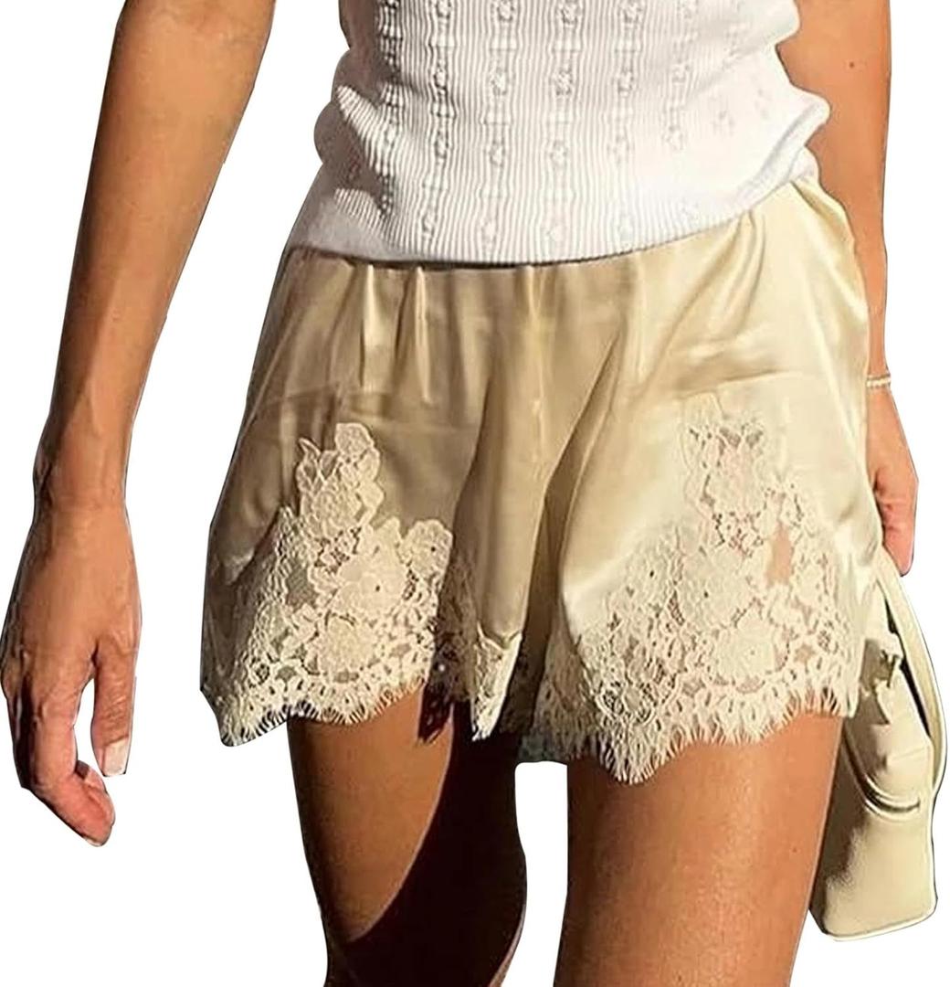 ABYOVRT Women Satin Lace Shorts Silky Pajama Lounge Shorts Elastic Waist Chic Sleepwear Bottoms (Beige, M)