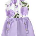 YOURUIKEY Cute Clothes for Girls Summer Outfits 2 Piece Clothing Set Purple Rose Crop Top for Kids with Pockets Tween Shorts Set Size 9