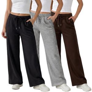 Common Stitch 3 Pack Wide Leg Fleece Lounge Sweatpants for Women Deep Pockets, Relaxed Fit, Elastic Drawstring Waist, Size L