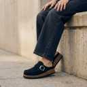 CUSHIONAIRE Hobby Genuine Leather Suede Mule Clogs for Women with Buckle Strap and Cork Footbed, Supportive All-Day Comfort in Womens Shoes (7 Wide, Black)