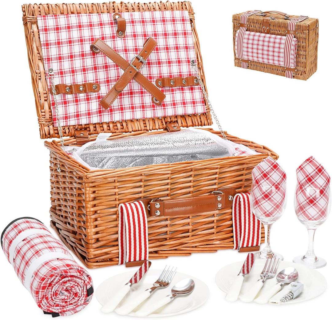 Wicker Picnic Basket for 2 with Large Insulated Cooler Compartment and Waterproof Picnic Blanket, Cutlery Service Kits, Wicker Picnic Hamper for Camping, Valentine Day,Thanks Giving,Birthday(Red) (15x11x7.5inch)