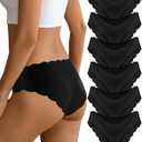 Seamless Underwear for Women Stretch No Show Panties Invisible Wave Edge Bikini Underwear 6 Pack (Medium, Black)
