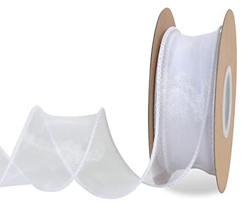 TONIFUL 1-1/2 Inch Wide White Wired Chiffon Ribbon Sheer Organza Ribbons for Crafts Floral Bouquets Wedding Car Party Decorations Valentine's Day Gift Wrapping Bow Making Tree Wreaths Decoration, Pack Of 2
