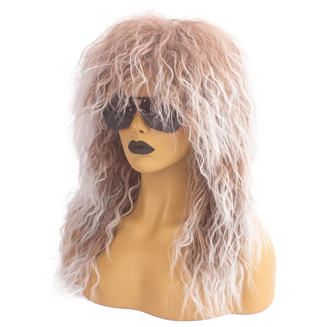 80s Costumes for Men 80s Rock Mullet Wigs for Women and Men Curly Long Punk Heavy Metal Rocker Wig Halloween Costume Male Wig Ombre Brown (Brown Ombre White)