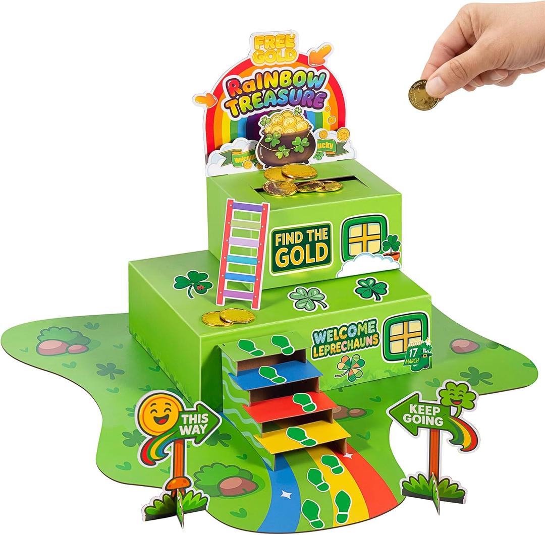 LEKSON St. Patricks Day Leprechaun Trap Kit with Coin Drop Slot, Interactive Leprechaun Trap Box for Kids, How to Catch a Leprechaun Craft, Tabletop Holiday Decoration (Green01)