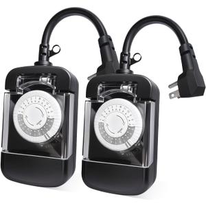 24 Hour Outdoor Mechanical Timer Switch with Two Ground Outlets, Variable On/Off Setting Every 30 Minutes, 48 Pin Setting Dial, Up to 24 Events Per Day,ETL Listed,Black