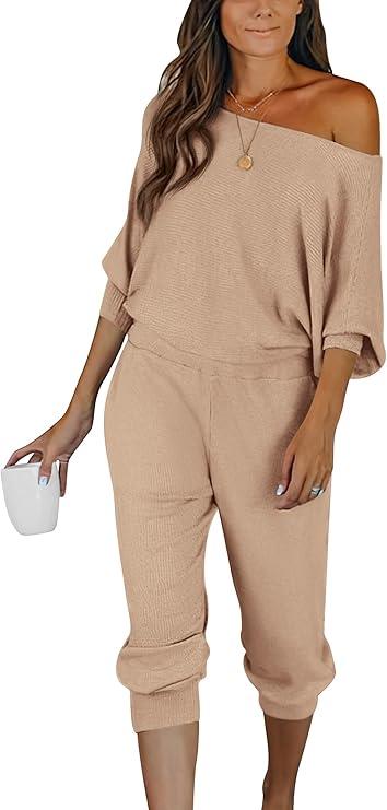 PRETTYGARDEN Two Piece Sets for Women Fall 2025 Ribbed Knit Off Shoulder Tops Lounge Pants Tracksuit Fashion Clothing XL
