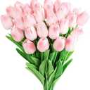 Kisflower 30Pcs Latex Tulips Real Touch Pink Artificial Flowers Fake Tulips Arrangement Bouquet for Home Office Wedding Decor (Pink)