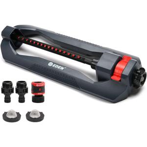 Eden 96213 Essential Turbo Oscillating Water Sprinkler, Covers Up to 3,600 sq. ft., 16 Nozzles, Weighted Base, Adjustable Range, Quick Connect Bundle, Dark Grey, Red, Silver