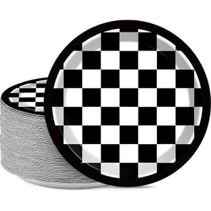48 Pieces Black and White Checkered Flag Party Paper Plates for Race Car Party Supplies 7" Racing Car Theme Disposable Dessert Plates for Boys Men Birthday Baby Shower Race Fans Party Decorations