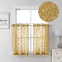 Lecloud Leia Dark Gold Sheer Kitchen Curtains 36 Inch Length, Breathable Clip Textured Leaf Cafe Bedroom Voile Curtain Tiers, Dual Rod Pockets Jacquard Bathroom Bedroom Drapes, 40 W x 36 L