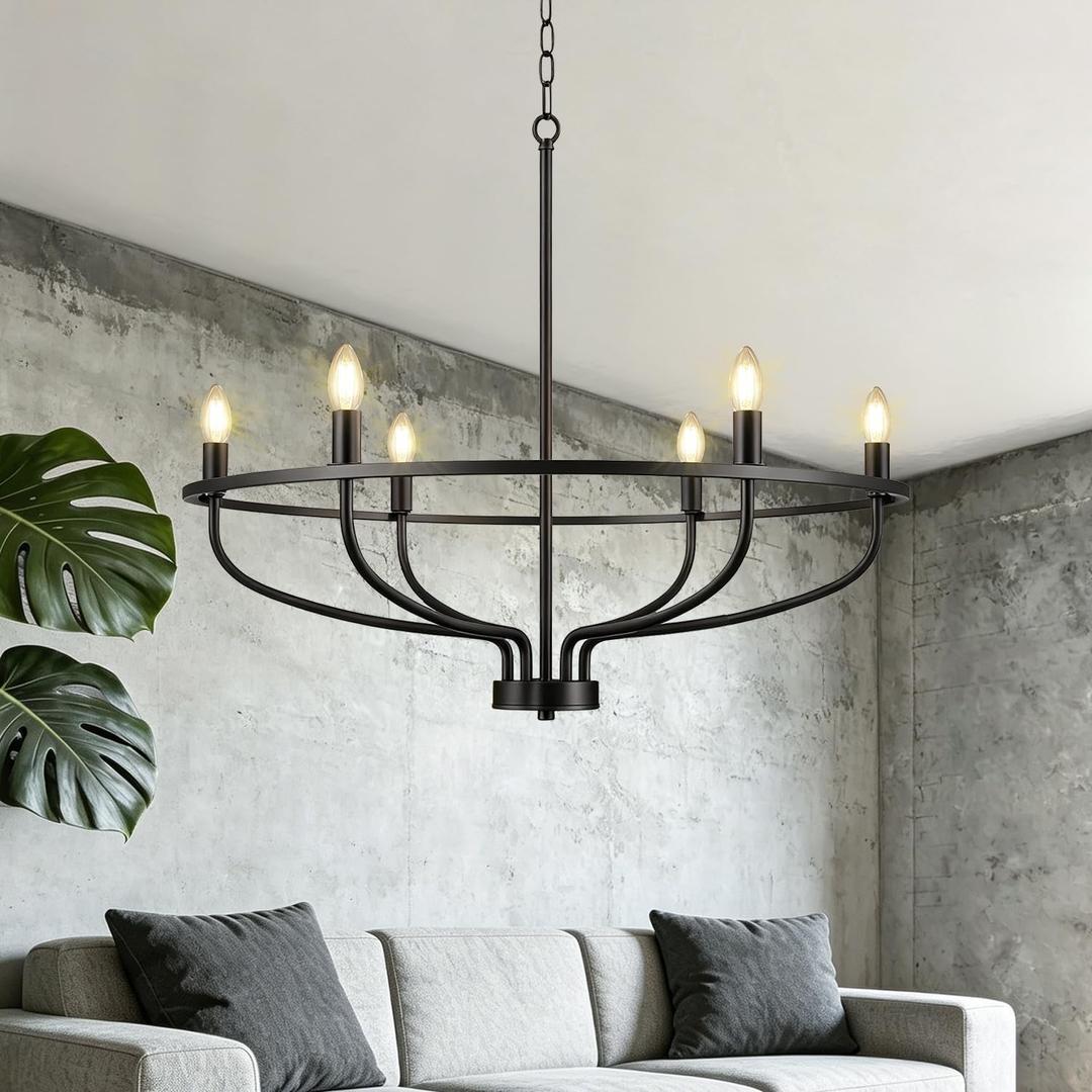 30" Black Chandelier, 6-Light Modern Farmhouse Chandelier for Dining Room Lighting Fixtures Hanging, Candle Chandelier Light for Living Room, Kitchen Island, Bedroom and Entryway (Bulbs Not Included)