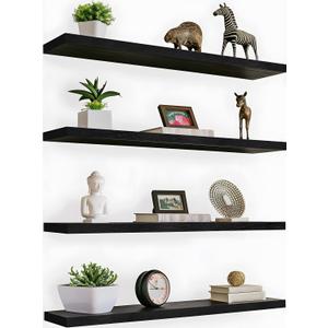 PHPH 36 Inch Wood Floating Shelves for Wall, Wooden Wall Shelves for Bedroom, Set of 4 Black