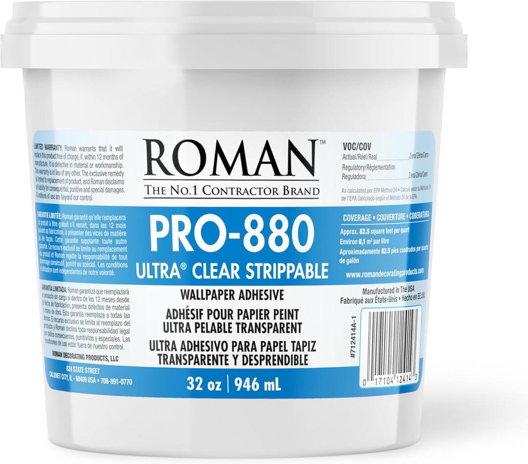 Ultra Clear Strippable Wallpaper Adhesive, Clear Glue, Zero VOC, PRO-880 (32 Ounce - 80 sq. ft.)