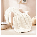 WRENSONGE Chunky Knit Blanket Throw Ivory Large Soft Fluffy Cable Knit Crochet Throw 100% Hand Knitted Blanket for Couch Bed(40"x40")