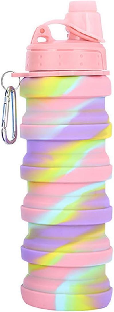 Collapsible Water Bottles Travel water bottle Sports Portable Sport Water Bottle Reusable Water Bottles comes with mountaineering Buckle 500ml silicone Water-proof camping water bottle (Pink camouflage)