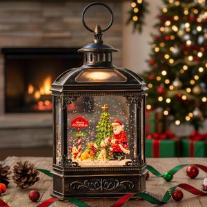 Christmas Snow Globe Lantern Water Glittering Santa Claus & Pups with Music & Timer, USB Lined/Battery Operated Lighted Lantern for Christmas Festival Decoration Gifts, 10.1'' Santa Claus & Pups