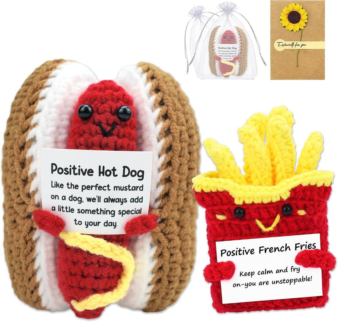 2 x Gifts for Friends, Emotional Support Crochet Positive Fries Hot Dog Set with Note, Positive Crochet Pack for Decor, Gift for Easter, Women, Men, Coworker, Boyfriend, Girlfriend