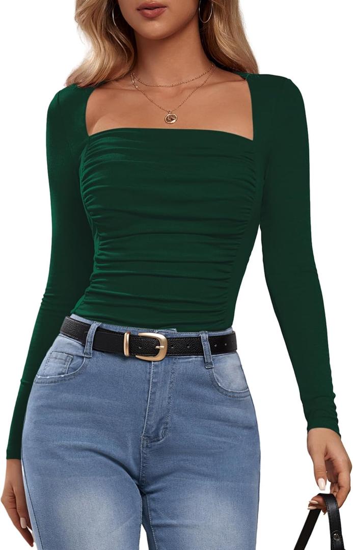 2 x Amoretu Women's Long Sleeve Tops Square Neck Shirts Sexy Ruched Slim Fit Going Out T-Shirts (M)