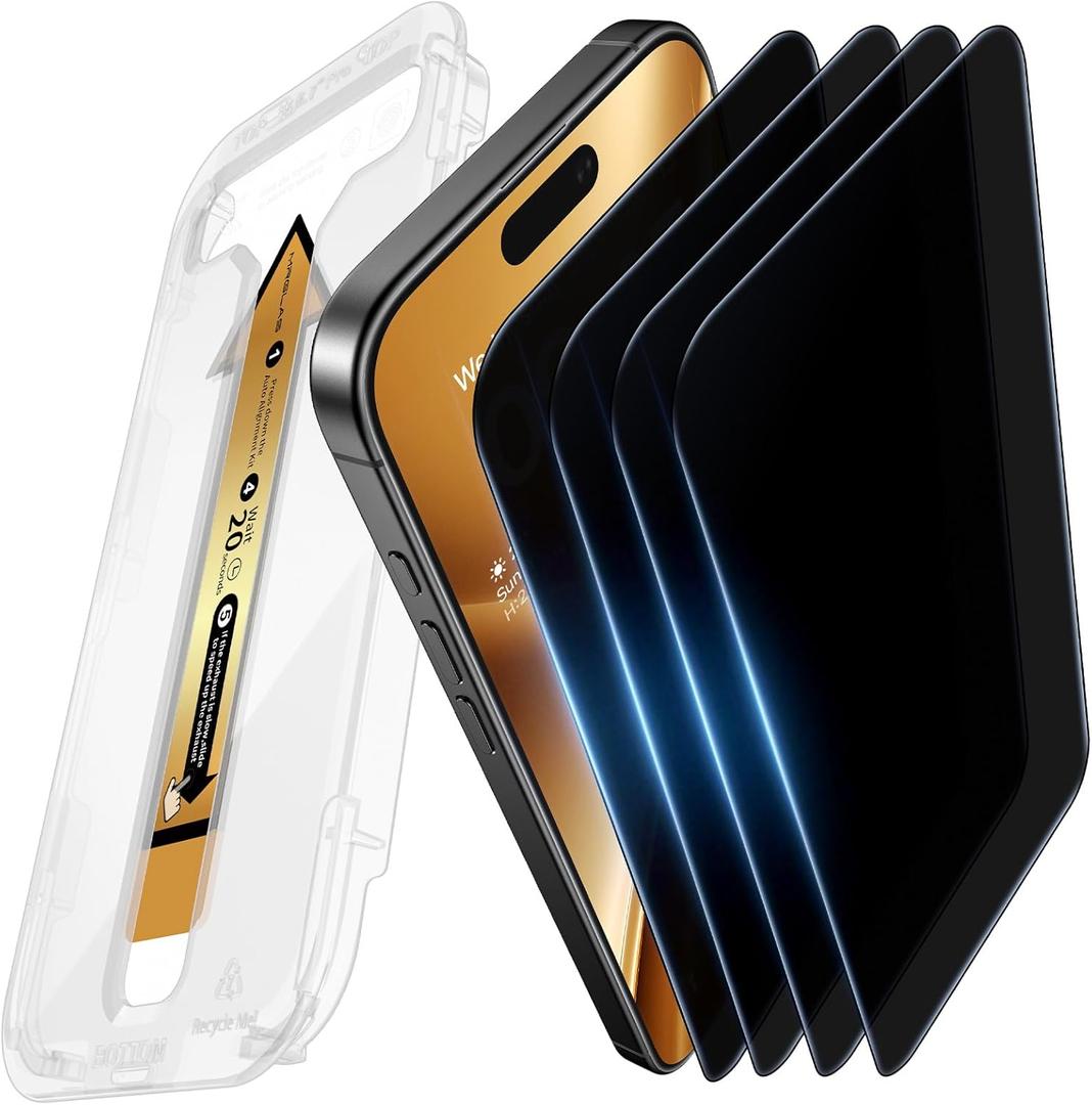 MRGLAS 4-Pack TOP 9H+ Glass for iPhone 16 Pro Max Privacy Screen Protector [Auto Alignment Kit] [10X Military Protection, 100% Anti Spy] UNBREAK Tempered Glass 6.9 inch Longest Durable Case-Friendly (Black)