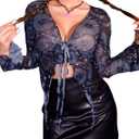 Avidlove Women Mesh Crop Top Y2K Tie Front Tops Rave Top Sheer Cardigan Sexy V Neck Outfits S-2XL