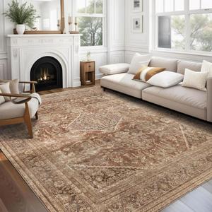 vivorug 9x12 Area Rugs for Living Room, Non Slip Machine Washable Vintage Rug, Ultra-Thin Lightweight Large Area Rug for Bedroom, Dining Room, Low Pile Rug Earth Tone (Rust/Antique)