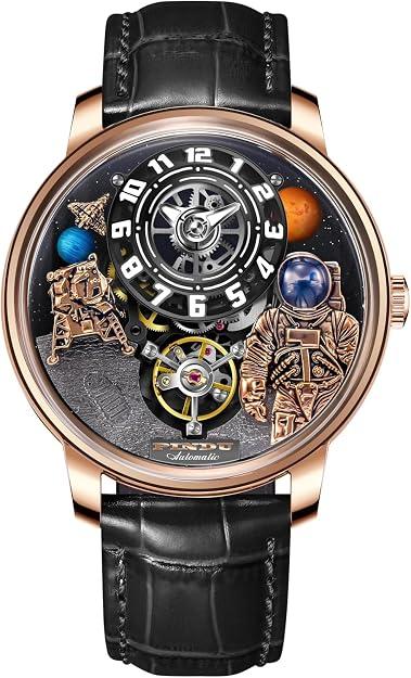 Space Station Automatic Watches for Men, Unique 3D Astronaut Space Style, 5ATM Waterproof Skeleton Mechanical Watch with Leather Strap