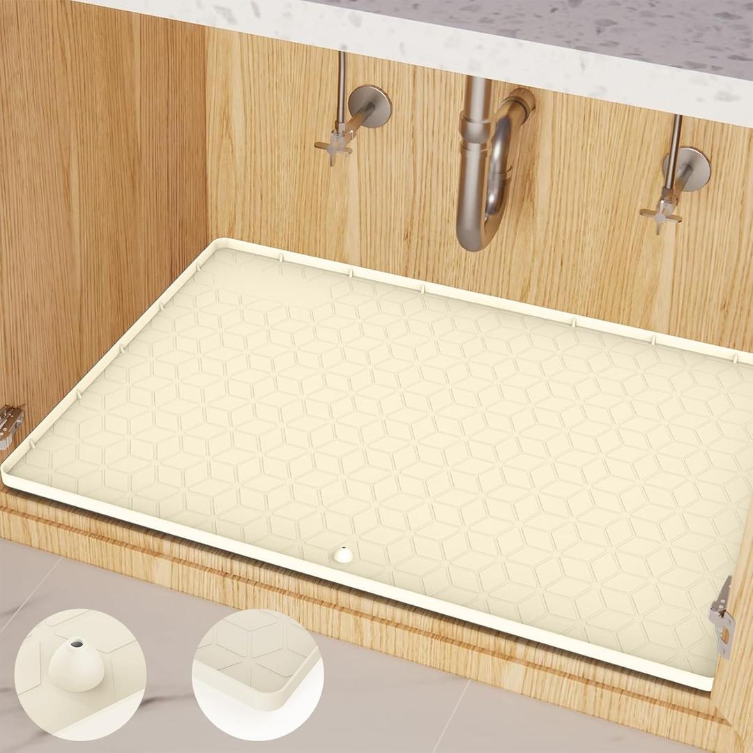 Under Sink Mat for Kitchen Silicone Waterproof Under Sink Liner, Flexible Sink Cabinet Organizer Tray with Drain Hole, Hold up to 3.3 Gallons Liquid, Easy to Clean (Beige, 34X22)