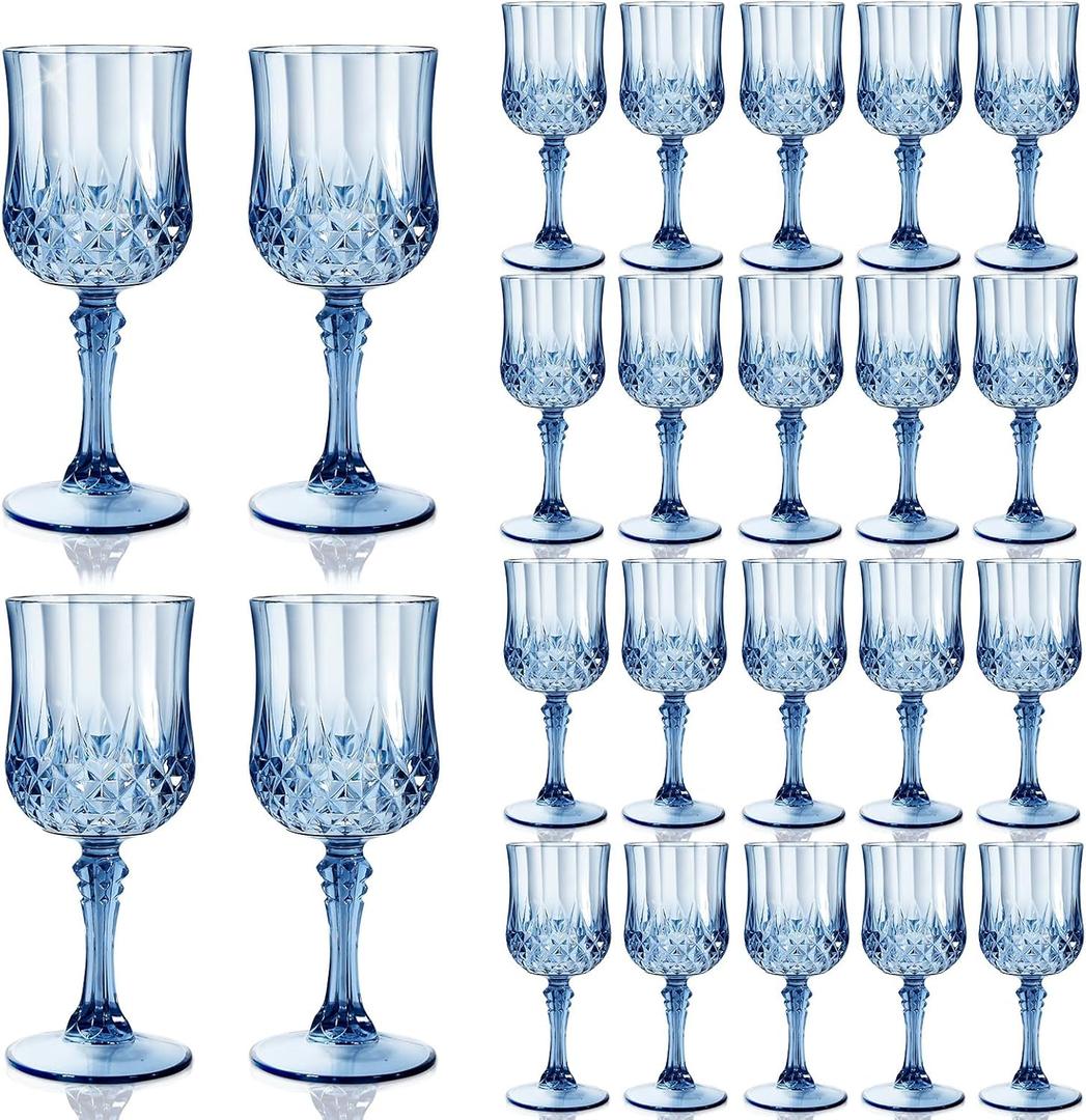 24 Pcs 7 Oz Plastic Goblets for Parties, Blue Plastic Wine Glasses Vintage Champagne Whiskey Crystal Water Goblets for Home, Office, Bars, Wedding, Ribbed (24, Ocean Blue)