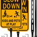 Slow Down Kids at Play Safety Signs, Yellow and Black, Reflective Aluminum, 14x10 Inches, 2 Pack with 36-Inch Metal Stakes