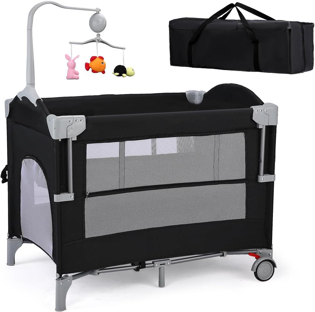 JOYMOR 4 in 1 Pack and Play, Baby Bedside Bassinet, Sturdy Play Yard with Padded Mat and Toy bar with Soft Toys (Black)