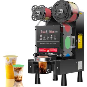 Cup Sealing Machine, Full Automatic Cup Sealer, 88/89/90/95 mm Electric Boba Machine, 600 Cups/H, Plastic & Paper Cups for Bubble Boba Tea Coffee Juice (Sealing Film Excluded)