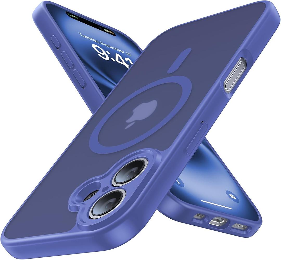 Magnetic for iPhone 16 Case,Upgraded [Full Camera Protection][Compatible with Magsafe][Mil-Grade Protection] Shockproof Slim Anti-Yellow Translucent Matte Phone Case for iPhone 16,Cobalt Blue