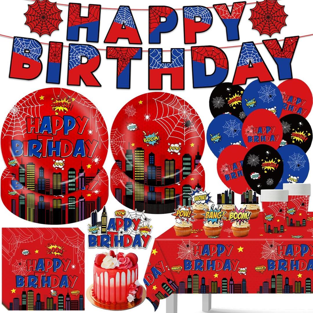 104Pcs Bithday Decorations, Red And Blue Themed Party Decorations, Including 1Happy Birthday Banner, 9 Balloons, 20 Napkins, 40 Plates, 1 Tablecloth, 1 Cake Toppers and 12 Cupcake Toppers
