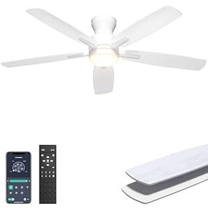 Ohniyou Ceiling Fans with Lights, 52'' Low Profile Ceiling Fan with Light and Remote/ APP Control, Modern Flush Mount Ceiling Fan for Indoor Bedroom Living Room, Dimmable, Qiuet DC Motor, White