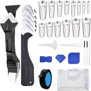 32PCS Caulking Tools, Silicone Caulking Finishing Tool Kit(stainless steelhead), Reuse and Replace 5 Silicone Pads, Sealant Caulk for Kitchen Bathroom Window, Sink Joint
