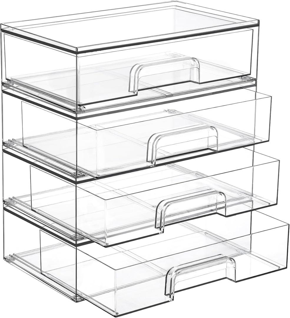 12.1''W Clear Stackable Storage Drawers, 4 Pack Acrylic Plastic Organizers Bins for Makeup Palettes, Cosmetics, and Beauty Supplies, Ideal for Vanity, Bathroom, Cabinet, Desk Organization