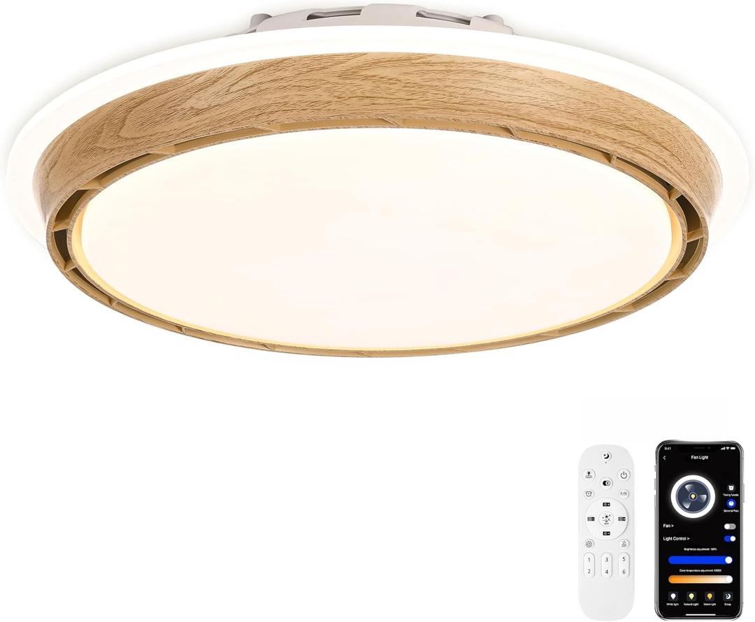 bodkar Upgrade 20 Inch Bladeless Ceiling Fan with Light | Low Profile Flush Mount Ceiling Fan with APP & Remote Control, Dimmable LED Fan Light for Bedroom (wooden)