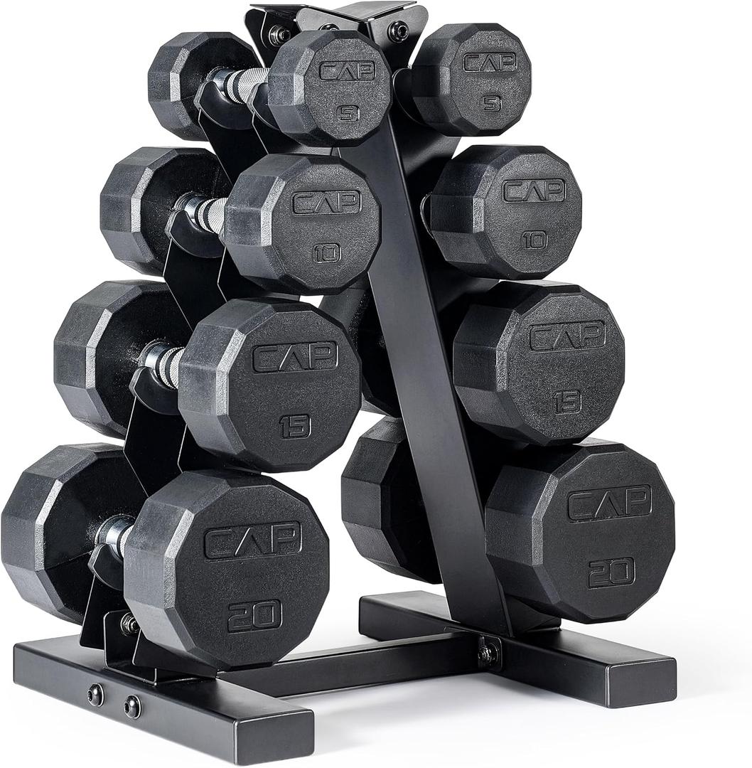 CAP Rubber Coated Hex Dumbbell Set with Storage Rack | 100–210 lb Options, Space-Saving Vertical Compact Storage for Home Gym Strength Training
