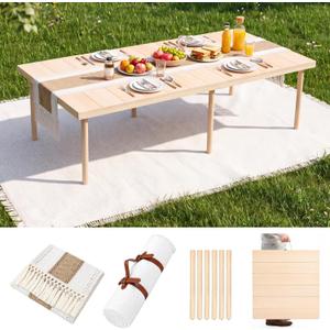 60" x 30" Boho Folding Picnic Table Set with Blanket and Runner, Extra Stable Low Wooden Table, Adjustable Height Portable Floor Seating for 4-6 People, Wedding Photoshoot Beach Camping Party, 32.1" x 32.1"