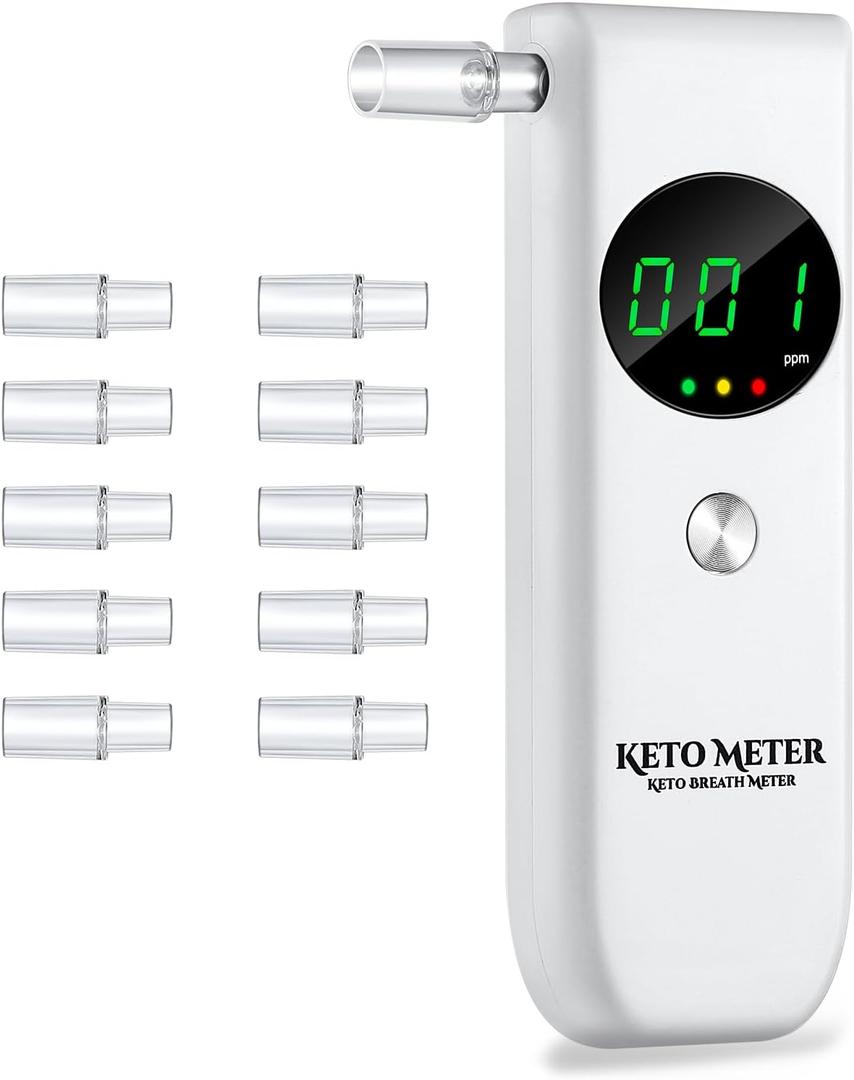 Professional Ketone Breath Analyzer Portable Ketone Breath Meter Digital Ketosis Breathalyzer for Testing ketosis with 10 Reusable Mouthpieces - White